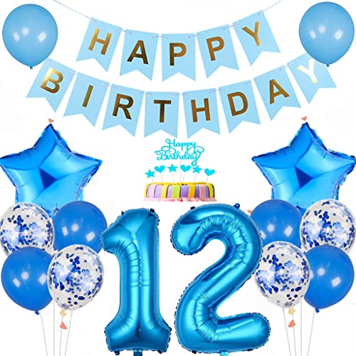 Conruich Luftballon 12. Geburtstag Dekoration, Geburtstagsdeko 12 Jahre Junge, Tortendeko Geburtstag 12 Jahre Junge, Blau 12. Geburtstag Deko, Happy Birthday Banner für 12. Geburtstag Party Deko von Conruich