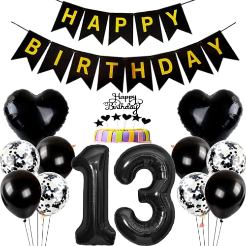 Conruich Geburtstagsdeko 13 Jahre Junge, Ballon 13. Geburtstag Deko Junge, Tortendeko Geburtstag 13 Jahre Mädchen, Folienballon Zahl 13 Schwarz, Happy Birthday Banner für 13 Jahr Geburtstag Party Deko von Conruich