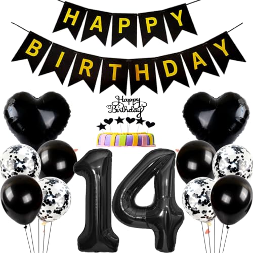 Conruich Geburtstagsdeko 14 Jahre Junge, Ballon 14. Geburtstag Deko Junge, Tortendeko Geburtstag 14 Jahre Mädchen, Folienballon Zahl 14 Schwarz, Happy Birthday Banner für 14 Jahr Geburtstag Party Deko von Conruich