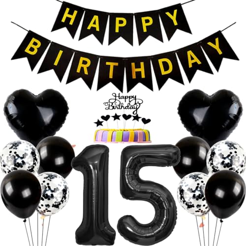Conruich Geburtstagsdeko 15 Jahre Junge, Ballon 15. Geburtstag Deko Junge, Tortendeko Geburtstag 15 Jahre Mädchen, Folienballon Zahl 15 Schwarz, Happy Birthday Banner für 15 Jahr Geburtstag Party Deko von Conruich