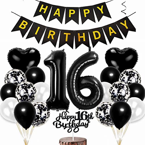 Conruich Luftballon 16. Geburtstag Deko, Geburtstagsdeko 16 Jahre Junge, Tortendeko Geburtstag 16 Jahre Mädchen, Folienballon Zahl 16 Schwarz, Happy Birthday Banner für 16 Jahr Geburtstag Party Deko von Conruich