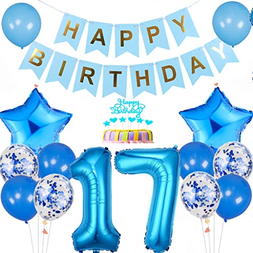 Conruich Luftballon 17. Geburtstag Dekoration, Geburtstagsdeko 17 Jahre Junge, Tortendeko Geburtstag 17 Jahre Junge, Blau 17. Geburtstag Deko, Happy Birthday Banner für 17. Geburtstag Party Deko von Conruich