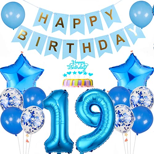 Conruich Luftballon 19. Geburtstag Dekoration, Geburtstagsdeko 19 Jahre Junge, Tortendeko Geburtstag 19 Jahre Junge, Blau 19. Geburtstag Deko, Happy Birthday Banner für 19. Geburtstag Party Deko von Conruich