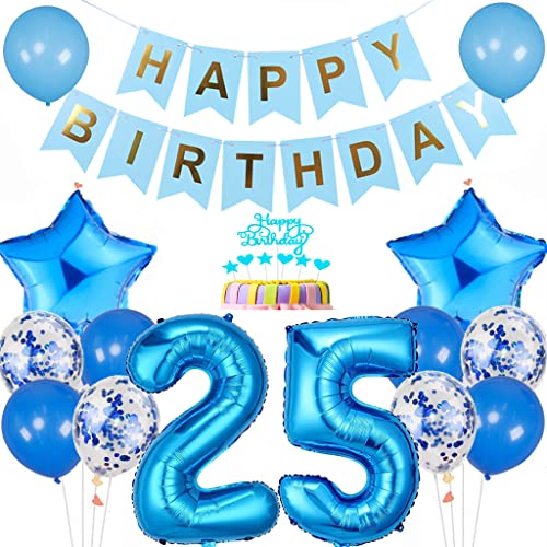 Conruich Luftballon 25. Geburtstag Dekoration, Geburtstagsdeko 25 Jahre Mann Frau, Tortendeko Geburtstag 25 Jahre Männer, Blau 25. Geburtstag Deko, Happy Birthday Banner für 25. Geburtstag Party Deko von Conruich