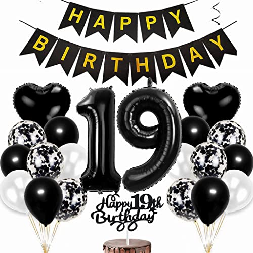 Conruich Luftballon 29. Geburtstag Deko, Geburtstagsdeko 19 Jahre Junge, Tortendeko Geburtstag 19 Jahre Mädchen, Folienballon Zahl 19 Schwarz, Happy Birthday Banner für 19 Jahr Geburtstag Party Deko von Conruich