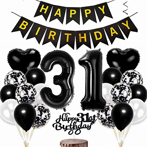 Conruich Luftballon 31. Geburtstag Deko - Tortendeko für Mann und Frau, Folienballon Zahl 31 Schwarz, Happy Birthday Banner für Party von Conruich