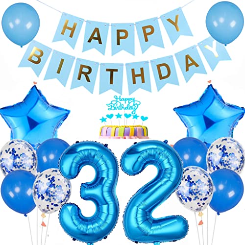 Conruich Luftballon 32. Geburtstag Dekoration, Geburtstagsdeko 32 Jahre Mann Frau, Tortendeko Geburtstag 32 Jahre Männer, Blau 32. Geburtstag Deko, Happy Birthday Banner für 32. Geburtstag Party Deko von Conruich