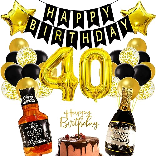 Conruich 40. Geburtstag Deko Mann Frau: Goldene & Schwarze Ballons, Whisky & Bierglas, Happy Birthday Banner & Acryl Kuchendeko von Conruich