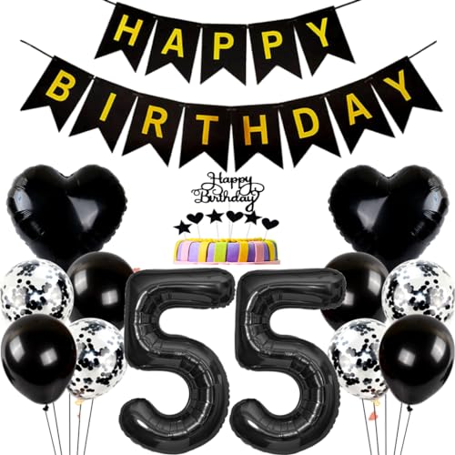 Conruich Geburtstagsdeko 55 Jahre Mann Frau, Ballon 55. Geburtstag Deko Mann, Tortendeko Geburtstag 55 Jahre Frau, Folienballon Zahl 55 Schwarz, Happy Birthday Banner für 55 Jahr Geburtstag Party Deko von Conruich