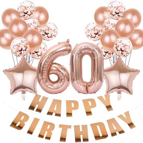 Conruich Luftballon 60. Geburtstag Deko, Roségold Geburtstagsdeko 60 Jahre Frau, Folienballon Happy 60th Birthday Deko 60 Jahre Frau, Happy Birthday Banner für 60. Geburtstag Frauen Party Dekoration von Conruich
