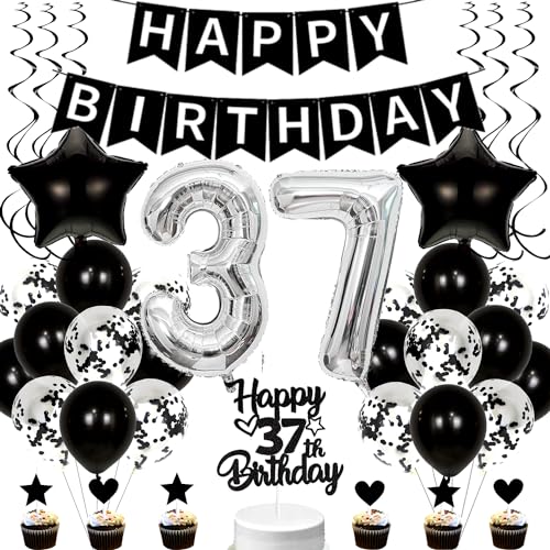 Conruich Luftballons 37. Geburtstag Dekoration - Schwarz Tortendeko für Mann und Frau, Folienballon Zahl 37 Silber, Deko für 37 Jahre Frauen und Männer von Conruich