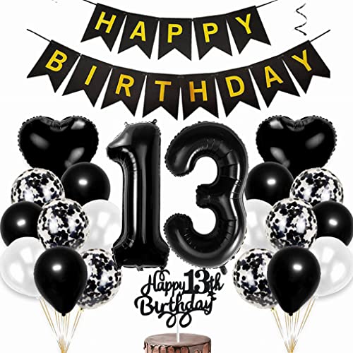 Conruich Luftballon 13. Geburtstag Deko, Geburtstagsdeko 13 Jahre Junge, Tortendeko Geburtstag 13 Jahre Mädchen, Folienballon Zahl 13 Schwarz, Happy Birthday Banner für 13 Jahr Geburtstag Party Deko von Conruich