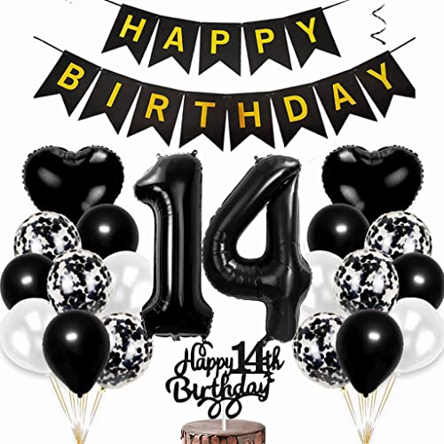 Conruich Luftballon 14. Geburtstag Deko, Geburtstagsdeko 14 Jahre Junge, Tortendeko Geburtstag 14 Jahre Mädchen, Folienballon Zahl 14 Schwarz, Happy Birthday Banner für 14 Jahr Geburtstag Party Deko von Conruich