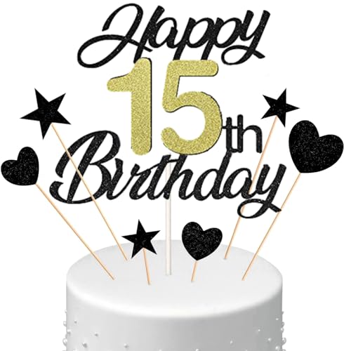 Conruich Tortendeko 15. Geburtstag Jungen, Kuchen Topper Happy 15th Birthday Schwarz, Glitzer Kuchen Deko 15. Geburtstag Ballons Konfetti Papierfächer für Geburtstagstorte Deko 15 Jahre Junge Mädchen von Conruich