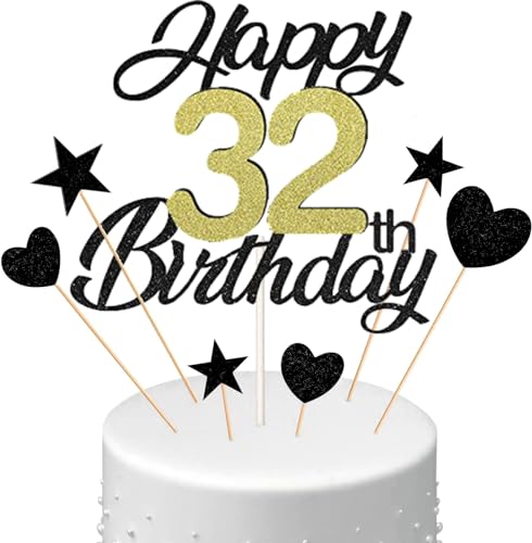 Conruich Tortendeko 32. Geburtstag Mann, Kuchen Topper Happy 32th Birthday Schwarz, Glitzer Kuchen Deko 32. Geburtstag Ballons Konfetti Papierfächer für Geburtstagstorte Deko 32 Jahre Frauen Männer Conruich Tortendeko 32. Geburtstag Mann, Kuchen Topper Happy 32th Birthday Schwarz, Glitzer Kuchen Deko 32. Geburtstag Ballons Konfetti Papierfächer für Geburtstagstorte Deko 32 Jahre Frauen Männer von Conruich
