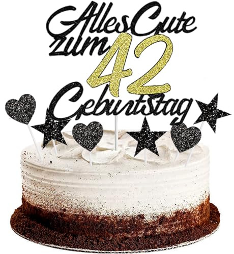 Conruich Tortendeko 42. Geburtstag Mann, Kuchendeko Happy 42th Birthday Schwarz, Glitzer Kuchen Topper 42. Alles Gute Geburtstag Ballons Konfetti für 42 Jahre Geburtstagstorte Deko Frauen Männer von Conruich