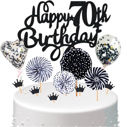 Conruich Tortendeko 70. Geburtstag Mann, Kuchen Topper Happy 70th Birthday Schwarz, Glitzer Cake Topper 70. Geburtstag Ballons Konfetti Papierfächer für Geburtstagstorte Deko 70 Jahre Frauen Männer von Conruich