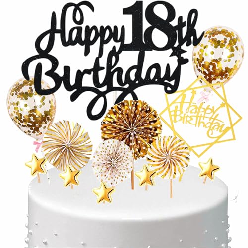 Conruich Tortendeko Happy Birthday Kuchen Topper 18. Geburtstag Junge Mädchen,Kuchendeko Happy 18th Birthday,Schwarz Cake Topper 18 Geburtstag Konfetti Ballon für Geburtstagstorte Deko 18 Jahre Kinder von Conruich