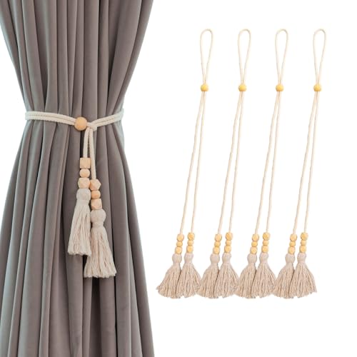 Contoeey Seil-Vorhang-Raffhalter mit Quasten, Drapierhalter, Baumwolle, Doppelseil, Vorhanghalter, Holz, Beige, 4 Stück Contoeey Seil-Vorhang-Raffhalter mit Quasten, Drapierhalter, Baumwolle, Doppelseil, Vorhanghalter, Holz, Beige, 4 Stück von Contoeey