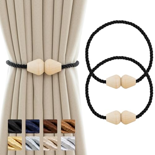 Contoeey Vorhang-Raffhalter aus Holz, magnetische Vorhang-Raffhalter, Boho, 2 Stück, Seil-Vorhanghalter für Vorhänge, handgefertigte Fenstervorhang-Raffhalter, schwarz Contoeey Vorhang-Raffhalter aus Holz, magnetische Vorhang-Raffhalter, Boho, 2 Stück, Seil-Vorhanghalter für Vorhänge, handgefertigte Fenstervorhang-Raffhalter, schwarz von Contoeey