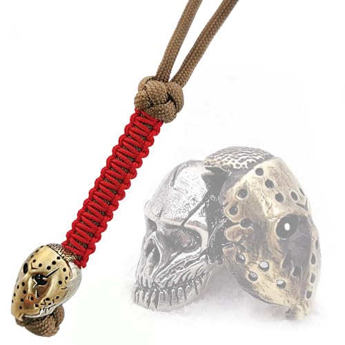 CooB EDC Paracord Messer Lanyard mit Metall Handgegossen Paracord Bead Perlen Charm Jason Schädel Maske Handgefertigte Schlüsselanhänger Schlüsselbänder für Messer (Bronze) von CooB