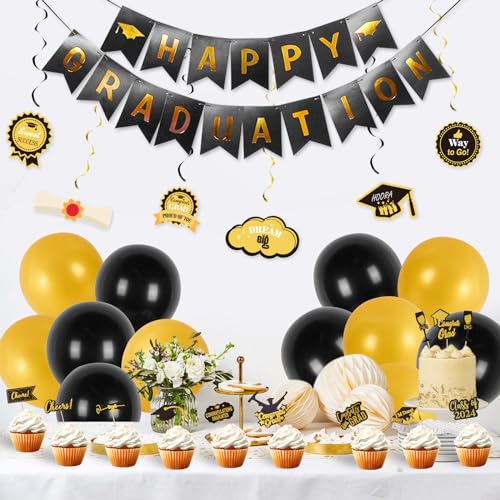 Abschlussfeier Party Dekorations, Abschluss Deko, Graduation Deko Abitur Abschluss Deko, Luftballons Schwarz Gold Graduation Deko, Schärpe Tortentopper Graduierung Accessoire Deko Set von CooTooLa