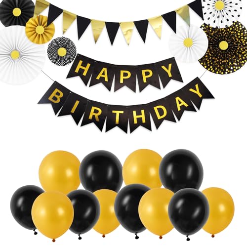 Geburtstag Dekoration, Happy Birthday Banner 8pcs hängende Papierfächer, Dreieckige Wimpel, Schwarz Gold Luftballons für Geburtstags Party Dekorationen von CooTooLa