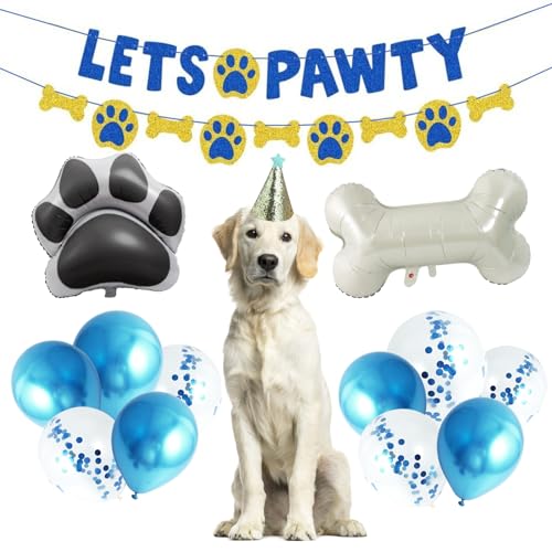 Haustier Hund Geburtstag Party Supplies, Blauer Junge Hund Geburtstag Bandana Hut mit Knochen Ballons Lets Pawty Banner für Haustier Geburtstag Party Supplies Dekorationen von CooTooLa