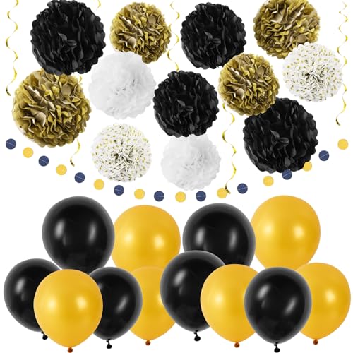 Party Dekoration, Schwarz Gold Luftballon Papier Pompoms Spiral Girlanden Partyzubehör Sets für Congratulations Graduation Geburtstag Party von CooTooLa