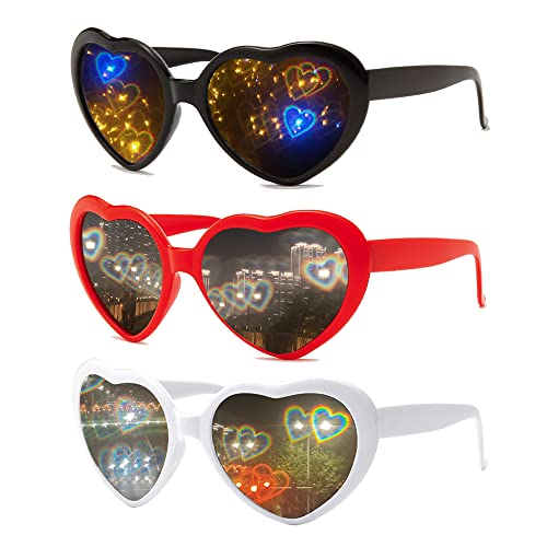 Coolon 3 Stücke Herz Brille Effekt, 3D Heart Glasses Beugungs Brille Herzförmige Sonnenbrille, Lustige Brillen für Fasching Musikfestivals Party Bar Feuerwerk von Coolon