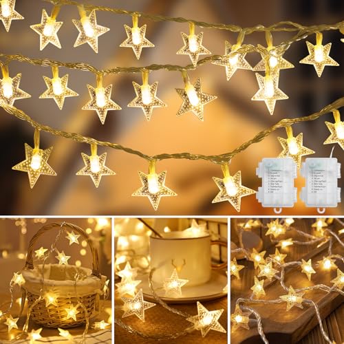Coomoors 2 PCS Sterne Lichterketten, 6.4 M 40 LED LED Batteriebetriebene Lichterketten mit 8 Beleuchtungsmodi, für Zuhause Mantel Haus Fenster Baum PartyDecor, Ramadan Dekoration (Warmweiß) von Coomoors