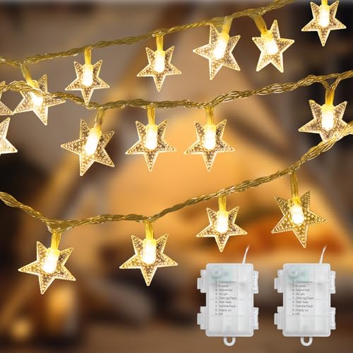 Coomoors 2 PCS Sterne Lichterketten, 6.4 M 40 LED LED Batteriebetriebene Lichterketten mit 8 Beleuchtungsmodi, für Zuhause Mantel Haus Fenster Baum PartyDecor, Ramadan Dekoration (Warmweiß) von Coomoors