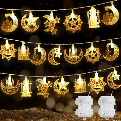 Coomoors 2 Pcs Ramadan Deko Lichterketten, Lichterkette Batterie Timer 6,4/40 LEDs, Eid Ramadan Mubarak Dekorationen für Haus Garten Terrasse Innen Außen von Coomoors