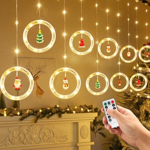 Coomoors Außenbeleuchtung Weihnachten Lichtervorhang Innen mit 10 Weihnachtsschmuck, 4.9 m 8 Modi 120 LED Lichterkette Vorhang Innen, für Weihnachtliche Innen Balkon Fensterdeko,Warmweiß von Coomoors