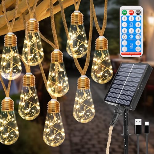 Coomoors Solar Lichterkette Aussen, 8M 16 Glühbirnen 8 Modi Solarlichterkette Outdoor Wasserdicht IP65 Lichterkette Außen Solar für Garten, Terrasse, Balkon, Hochzeit, Bäume, Warmweiß von Coomoors