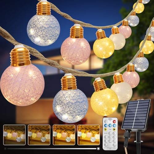 Coomoors Solar Lichterkette Aussen, 8M Solar Lichterkette Außen mit 16 Cotton Ball Wetterfest, 8 Modi Timer Dimmbar USB für Vintage Deko Garten Balkon Terasse Hochzeit Party, Warmweiß von Coomoors