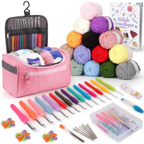 Coopay 73 Stück Häkelset für Anfänger, Tragbar Häkelnadel Set mit 15 Wolle, Tasche, Häkelzubehör, 2,0-10 mm Ergonomische Häkelnadeln mit Lang Weicher Griff, Praktische Häkelnadel Set, Rosa von Coopay