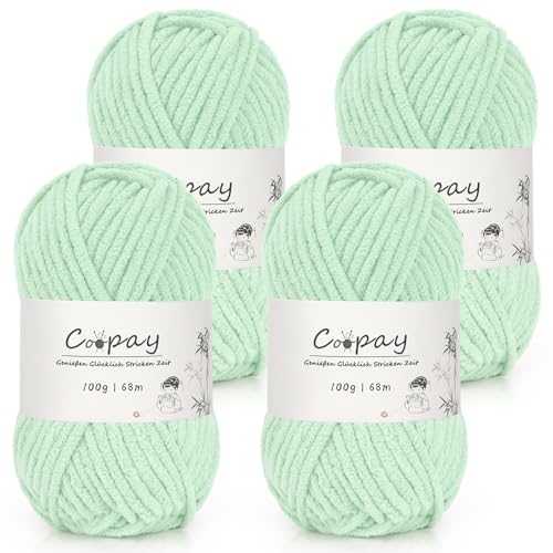 Coopay Chenille Chunky Wolle zum Häkeln Dickes Garn, 4 x 100g Dicke Wolle zum Stricken, Super Flauschig Weiches Wolle für Babydecke, Grobes Chenille-Garn für Decken, Schals, Socken, Taschen - Hellgrün Coopay Chenille Chunky Wolle zum Häkeln Dickes Garn, 4 x 100g Dicke Wolle zum Stricken, Super Flauschig Weiches Wolle für Babydecke, Grobes Chenille-Garn für Decken, Schals, Socken, Taschen - Hellgrün von Coopay