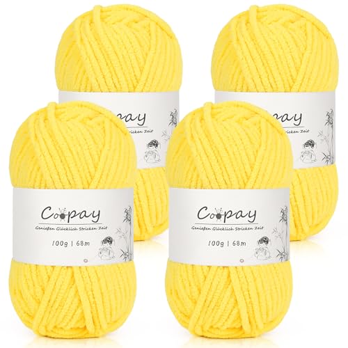 Coopay Chenille Chunky Wolle zum Häkeln Dickes Garn, 4 x 100g Dicke Wolle zum Stricken, Super Flauschig Weiches Wolle für Babydecke, Grobes Chenille-Garn für Decken, Schals, Socken, Taschen - Gelb von Coopay