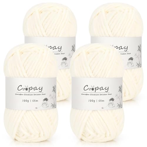 Coopay Chenille Chunky Wolle zum Häkeln Dickes Garn, 4 x 100g Dicke Wolle zum Stricken, Super Flauschig Weiches Wolle für Babydecke, Grobes Chenille-Garn für Decken, Schals, Taschen - Hellbeige Coopay Chenille Chunky Wolle zum Häkeln Dickes Garn, 4 x 100g Dicke Wolle zum Stricken, Super Flauschig Weiches Wolle für Babydecke, Grobes Chenille-Garn für Decken, Schals, Taschen - Hellbeige von Coopay