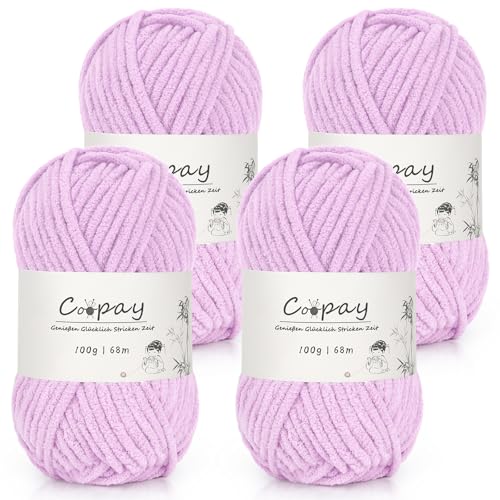 Coopay Chenille Chunky Wolle zum Häkeln Dickes Garn, 4 x 100g Dicke Wolle zum Stricken, Super Flauschig Weiches Wolle für Babydecke, Grobes Chenille-Garn für Decken, Schals, Taschen - Hellviolett von Coopay