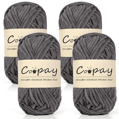 Coopay Chenille Chunky Wolle zum Häkeln Dickes Garn, 4 x 50g Dicke Wolle zum Stricken, Super Flauschig Weiches Wolle für Babydecke, Grobes Chenille-Garn für Hüte, Schals, Socken, Taschen - Dunkelgrau Coopay Chenille Chunky Wolle zum Häkeln Dickes Garn, 4 x 50g Dicke Wolle zum Stricken, Super Flauschig Weiches Wolle für Babydecke, Grobes Chenille-Garn für Hüte, Schals, Socken, Taschen - Dunkelgrau von Coopay