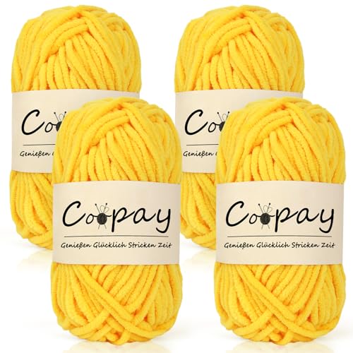 Coopay Chenille Chunky Wolle zum Häkeln Dickes Garn, 4 x 50g Dicke Wolle zum Stricken, Super Flauschig Weiches Wolle für Babydecke, Grobes Chenille-Garn für Hüte, Schals, Socken, Taschen - Goldgelb Coopay Chenille Chunky Wolle zum Häkeln Dickes Garn, 4 x 50g Dicke Wolle zum Stricken, Super Flauschig Weiches Wolle für Babydecke, Grobes Chenille-Garn für Hüte, Schals, Socken, Taschen - Goldgelb von Coopay