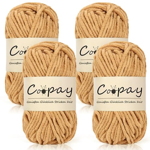 Coopay Chenille Chunky Wolle zum Häkeln Dickes Garn, 4 x 50g Dicke Wolle zum Stricken, Super Flauschig Weiches Wolle für Babydecke, Grobes Chenille-Garn für Hüte, Schals, Socken, Taschen - Khaki Coopay Chenille Chunky Wolle zum Häkeln Dickes Garn, 4 x 50g Dicke Wolle zum Stricken, Super Flauschig Weiches Wolle für Babydecke, Grobes Chenille-Garn für Hüte, Schals, Socken, Taschen - Khaki von Coopay