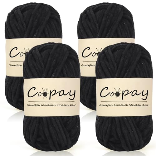 Coopay Chenille Chunky Wolle zum Häkeln Dickes Garn, 4 x 50g Dicke Wolle zum Stricken, Super Flauschig Weiches Wolle für Babydecke, Grobes Chenille-Garn für Hüte, Schals, Socken, Taschen - Schwarz Coopay Chenille Chunky Wolle zum Häkeln Dickes Garn, 4 x 50g Dicke Wolle zum Stricken, Super Flauschig Weiches Wolle für Babydecke, Grobes Chenille-Garn für Hüte, Schals, Socken, Taschen - Schwarz von Coopay