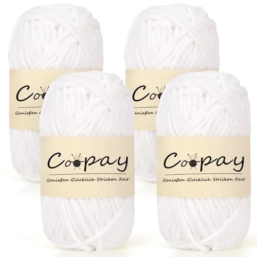 Coopay Chenille Chunky Wolle zum Häkeln Dickes Garn, 4 x 50g Dicke Wolle zum Stricken, Super Flauschig Weiches Wolle für Babydecke, Grobes Chenille-Garn für Hüte, Schals, Socken, Taschen - Weiß Coopay Chenille Chunky Wolle zum Häkeln Dickes Garn, 4 x 50g Dicke Wolle zum Stricken, Super Flauschig Weiches Wolle für Babydecke, Grobes Chenille-Garn für Hüte, Schals, Socken, Taschen - Weiß von Coopay