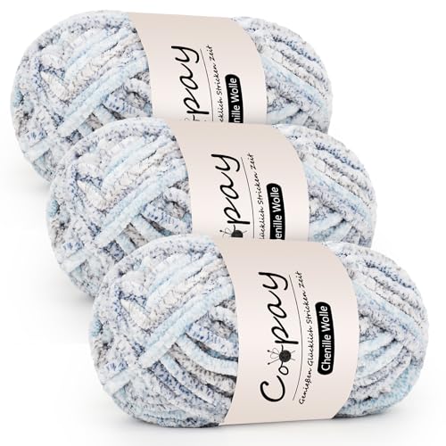 Coopay Chenille Wolle zum Häkeln, 3x100g Samtig Chenillegarn, Dicke Flauschige Weich Chenille Garn, Chenille Wolle, Weicher Plüschwolle Häkelgarn für Decken, Schals - Blaue Zauberin Coopay Chenille Wolle zum Häkeln, 3x100g Samtig Chenillegarn, Dicke Flauschige Weich Chenille Garn, Chenille Wolle, Weicher Plüschwolle Häkelgarn für Decken, Schals - Blaue Zauberin von Coopay