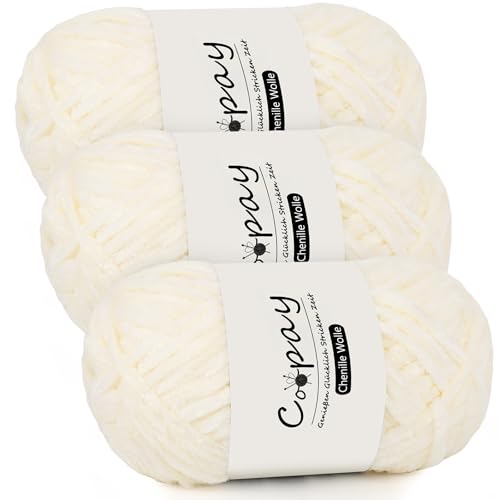 Coopay Chenille Wolle zum Häkeln, 3x100g Samtig Chenillegarn, Dicke Flauschige Weich Chenille Garn, Chenille Wolle, Weicher Plüschwolle Häkelgarn für Decken, Schals - Cremefarben Coopay Chenille Wolle zum Häkeln, 3x100g Samtig Chenillegarn, Dicke Flauschige Weich Chenille Garn, Chenille Wolle, Weicher Plüschwolle Häkelgarn für Decken, Schals - Cremefarben von Coopay