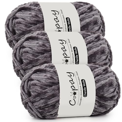 Coopay Chenille Wolle zum Häkeln, 3x100g Samtig Chenillegarn, Dicke Flauschige Weich Chenille Garn, Chenille Wolle, Weicher Plüschwolle Häkelgarn für Decken, Schals - Dunkelgrau Coopay Chenille Wolle zum Häkeln, 3x100g Samtig Chenillegarn, Dicke Flauschige Weich Chenille Garn, Chenille Wolle, Weicher Plüschwolle Häkelgarn für Decken, Schals - Dunkelgrau von Coopay