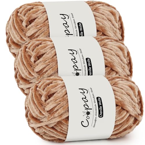 Coopay Chenille Wolle zum Häkeln, 3x100g Samtig Chenillegarn, Dicke Flauschige Weich Chenille Garn, Chenille Wolle, Weicher Plüschwolle Häkelgarn für Decken, Schals - Helles Khaki Coopay Chenille Wolle zum Häkeln, 3x100g Samtig Chenillegarn, Dicke Flauschige Weich Chenille Garn, Chenille Wolle, Weicher Plüschwolle Häkelgarn für Decken, Schals - Helles Khaki von Coopay